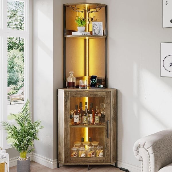 Moasis 5-Tier LED Corner Bar Rack Shelf with Power Outlets Liquor Bar Cabinet Glass Holder - Grey