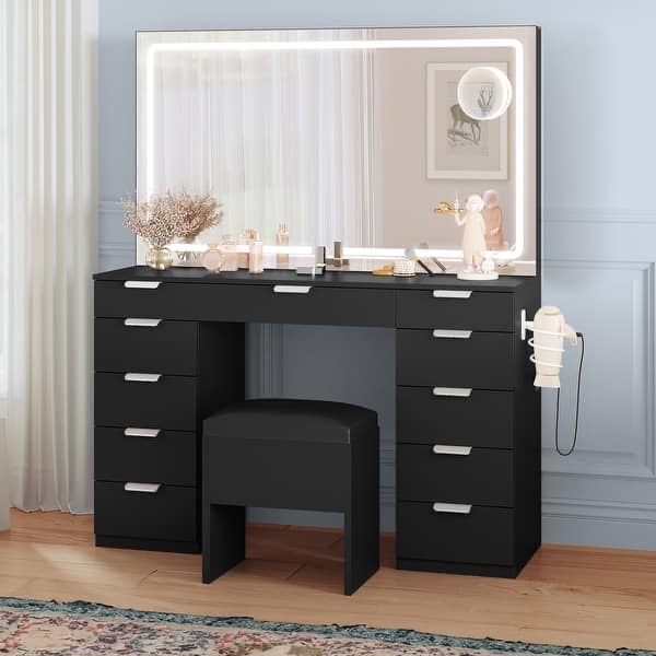 Moasis Makeup Vanity Table Set with Large LED Lighted Mirror and 11 Drawers - 46"L*11.7"W*55.9"H - Black