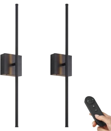 Battery Operated Wall Sconce with Remote Control,Wall Sconces Set of Two,3000K-6500K LED Wireless Wall Light for Bedroom, Hallway, Background Wall, 350°Rotate,26.6 Inch, Black(2 Pack)