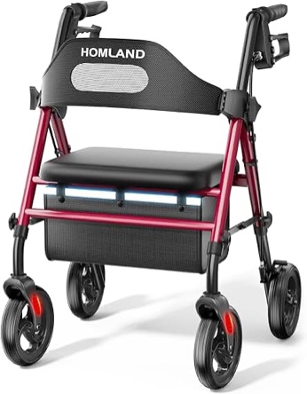 Walkers for Seniors,Foldable Walker with Seat,Rollator Walker with Durable Aluminum,8" Big Wheels for All Terrain, Ergonomic Seat and Backrest,Dual Adjustable Height Rolling Walker| Gloria Red