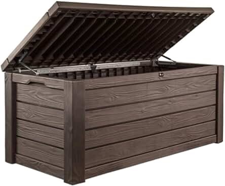 Keter Outdoor Storage Deck Box, 150 Gallon Resin Patio Bin & Bench, Wood Grain, Brown