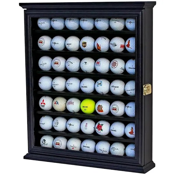 DisplayGifts 49 Golf Ball Display Case Cabinet Wall Rack Holder Solid Wood Frame with 98% UV Protection Lockable Real Glass Door, Great Golfer's Gift