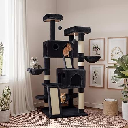 Allewie 68 Inches Cat Tree House with Condo, Scratching Post, and Multi-Level Towers for Cats - Smokey Grey
