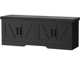 HOMSHO 2-Tier Storage Bench,Shoe Bench with Padded Seat Cushion, Entryway Bench with 2 Barn Doors,Adjustable Shelf, 39.4" L x 13.8" W x 17.7" H, for Entryway, Living Room, Bedroom,Black