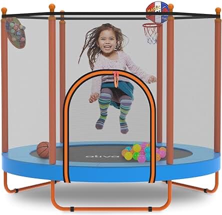 Ativafit 60'' Rebounder Trampoline Indoor Outdoor for Kids Ages 1-8, 5 FT Recreational Toddler Trampoline with Safety Enclosure Net Gifts with Basketball Hoop Dartboard Ocean Bal
