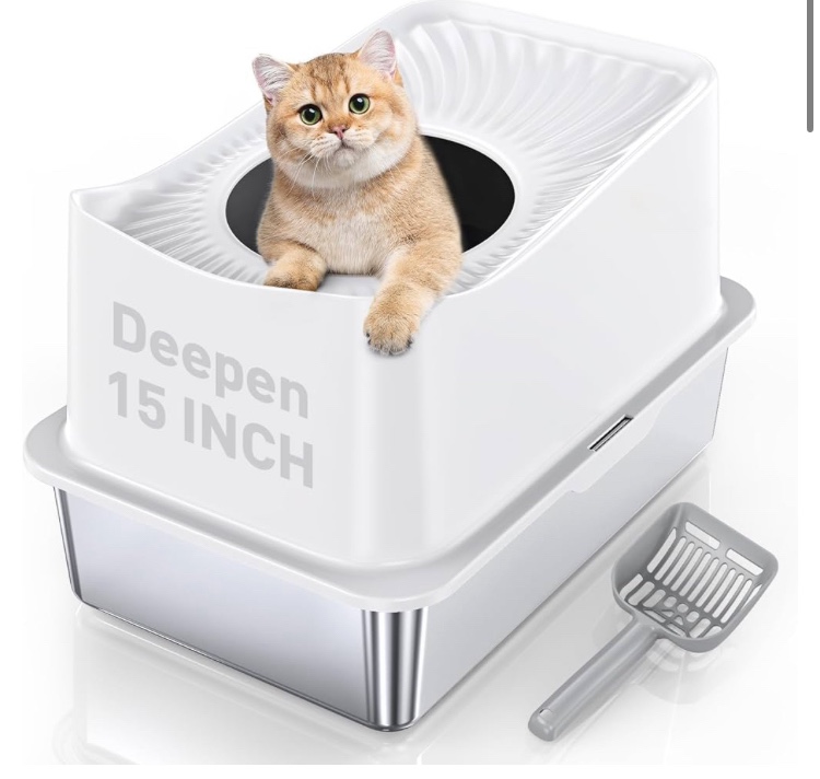 Stainless Steel Cat Litter Box, Large Top Entry Litter Box for Big Cats, Enclosed Kitty Litter Box with Lid, Metal Cat Litter Box Never Absorbs Odors, Easily Cleaning, Include Scoop