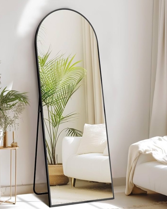 Sweetcrispy 64"x21" Arched Full Length Mirror - Standing or Leaning Full Body Mirror with Aluminum Alloy Thin Frame, Suitable for Bedroom or Cloakroom,Black