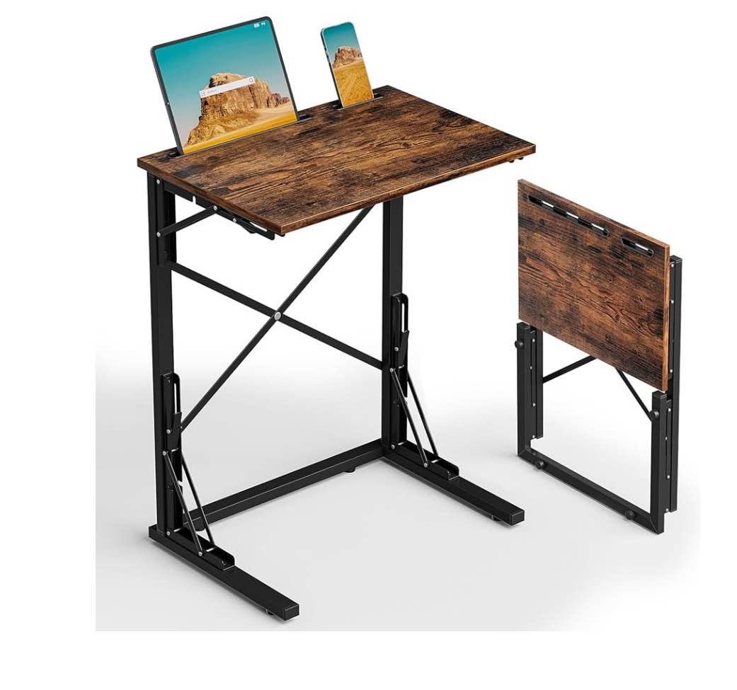 21''Wx28''H Folding TV Tray Table, Small Foldable C-Shaped End Table for Eating with Tablet and Phone Slots, Slide Under Couch Side Table for Recliner, Living Room, Bedroom, Rustic Brown