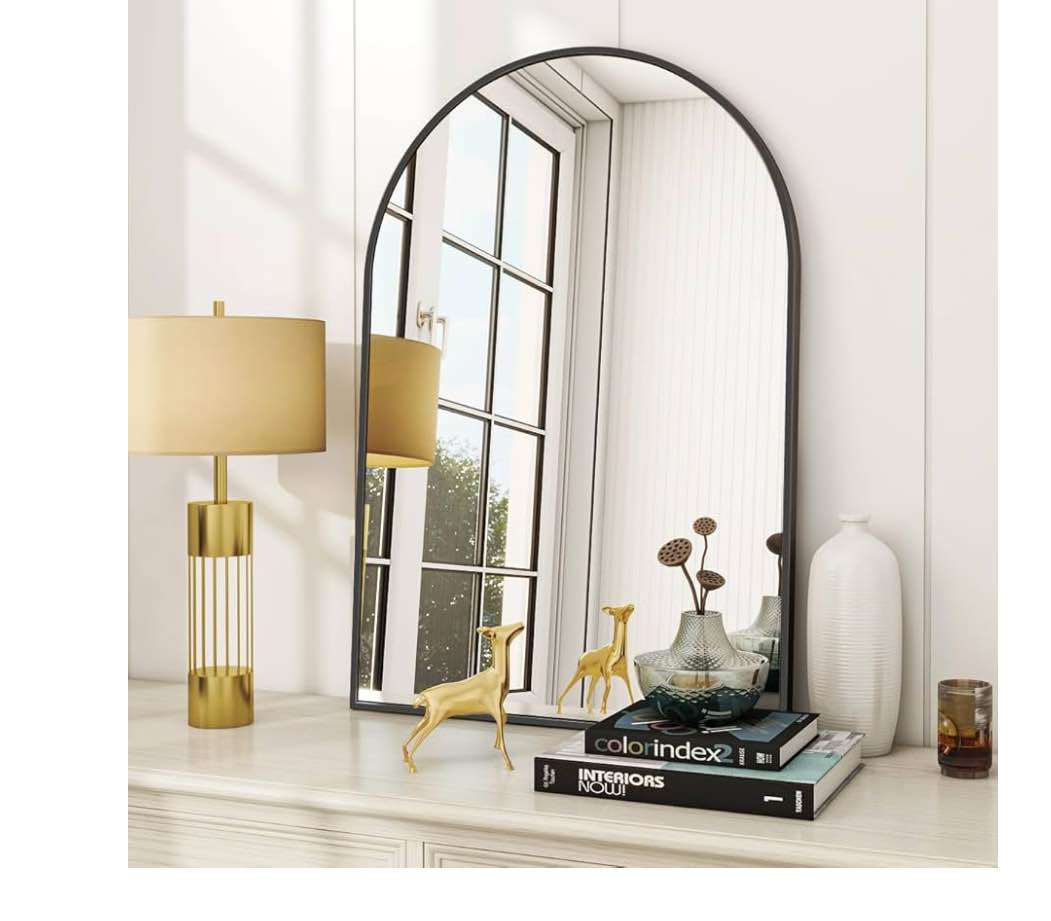 Arched Wall Mirror, 24 x 36 inch Arch Bathroom Mirror, Wall Mounted Vanity Mirror with Arch Metal Frame, Modern Bathroom Vanity Mirror for Bedroom, Living Room, Hanging or Leaning, Black