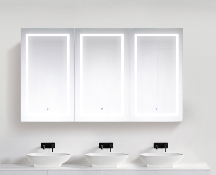 Wenqik LED Mirror Medicine Cabinet, Bathroom Medicine Cabinet with LED Lights and Mirror, Wall Mounted Mirror Cabinet with Dimmer Defogger Clock Room Temp Display Socket (Three Doors)