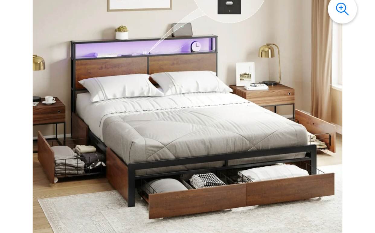 GUNAITO Queen Size Bed Frame with Headboard Storage Bed frame with 4 Drawers LED Platform Bed HB001, Incomplete Box 1 of 2 only 