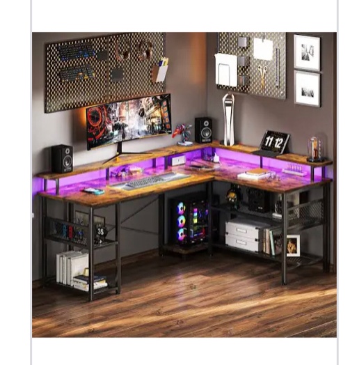 latarya 59” L shaped brown desk with steel storage shelves reversible, Incomplete Box 1 of 2 only 