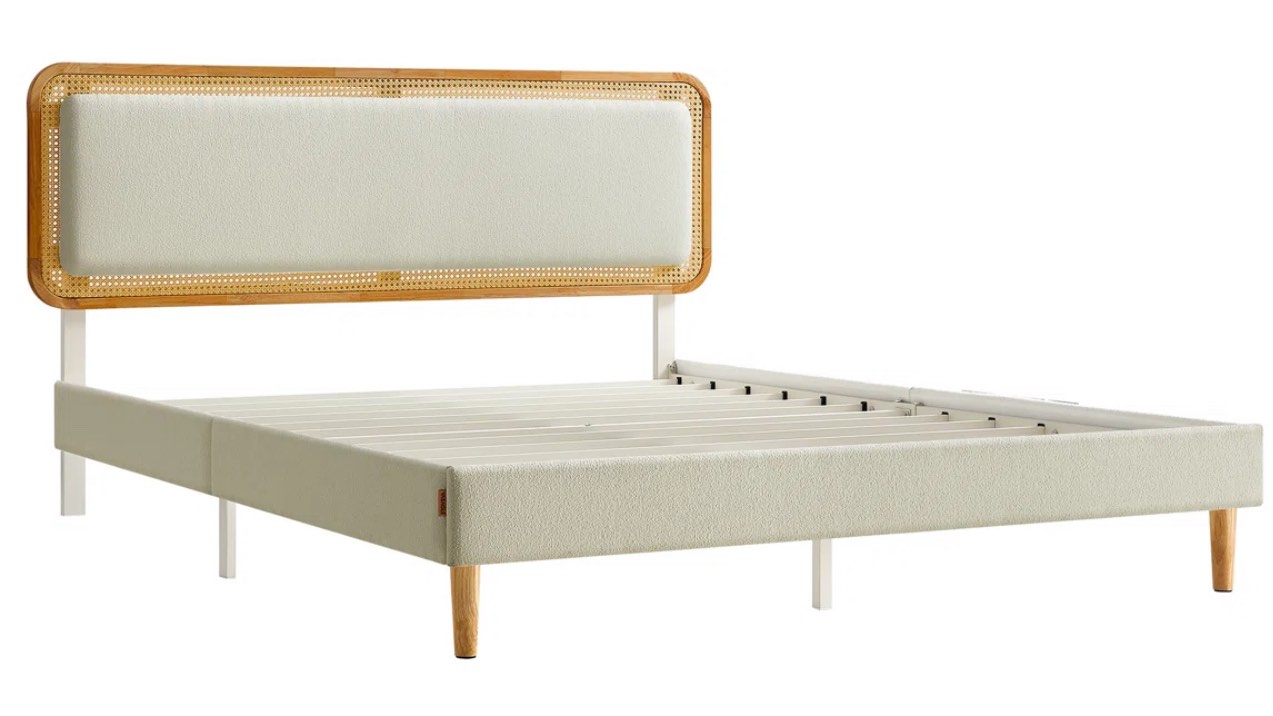 Delaylah Bed Frame, with Rattan-Like Adjustable Upholstered Headboard Boho Style 