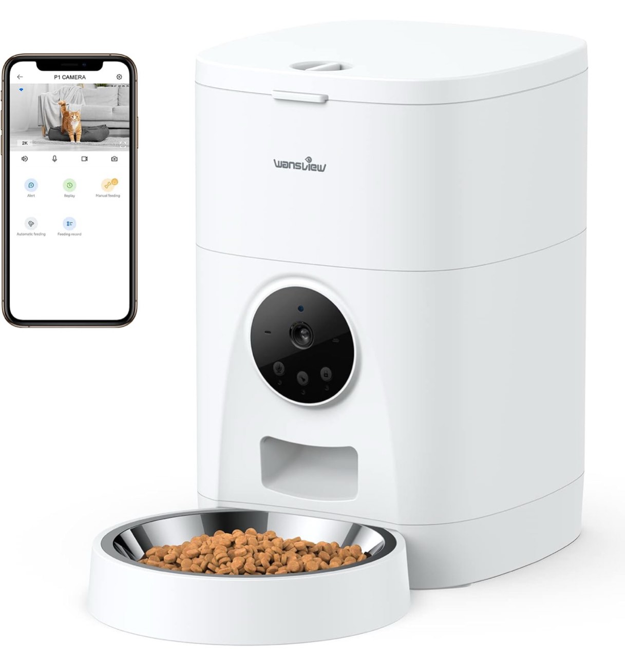 Automatic Pet Feeder for Cats and Dogs - Wansview 4L Smart Feeding Solutions with 2K Camera Video Recording and 2-Way Audio, 2.4G WiFi Cat Food Treat Dispenser with APP Control and Timer Programmable