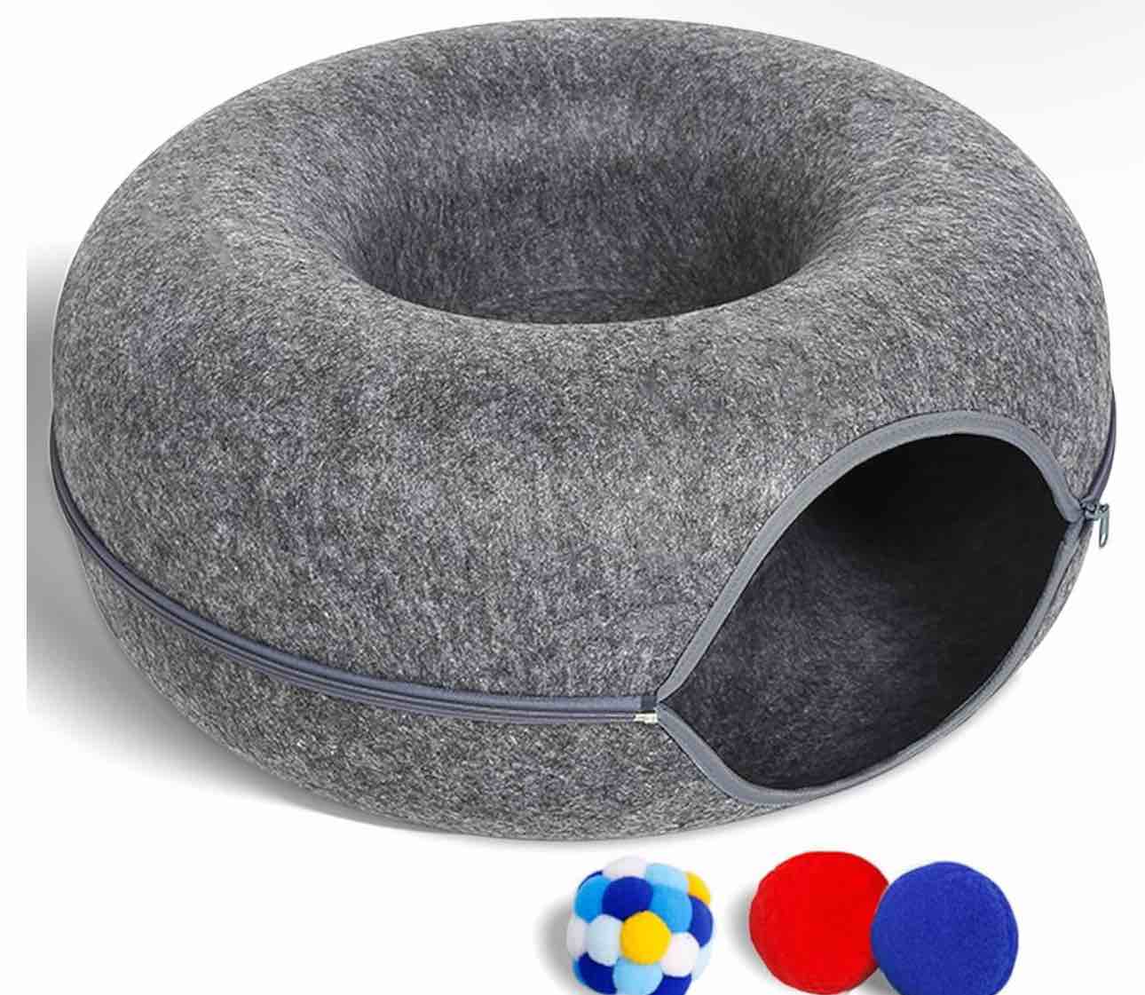 Large Cat Tunnel Bed for Indoor Cats with 3 Toys, Scratch Resistant Donut Cat Bed, Up to 30 Lbs (L 24x24x11, Dark Grey)