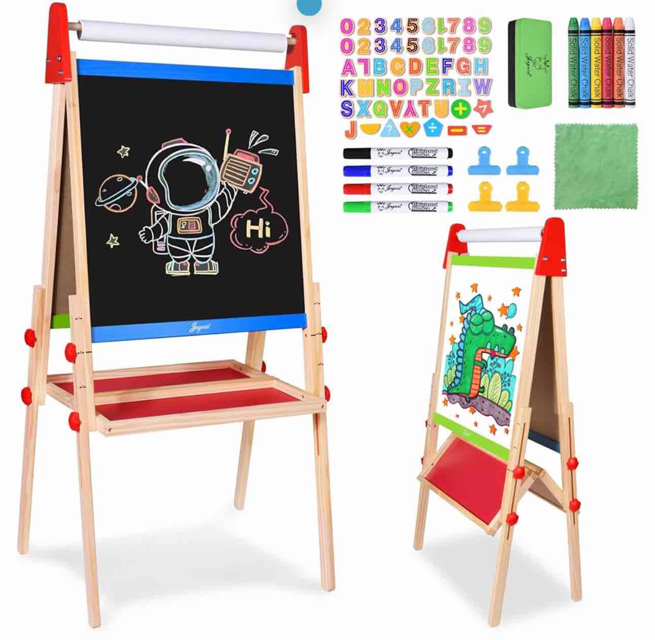 Joyooss Easel for Kids Easel, Wooden Easel Whiteboard & Chalkboard Easel, Foldable Height Adjustable Double Sided Toddler Art Easel Kids, Art Easel for Kids Age 4-8 9-12 Magnetic Board for Kids Easel