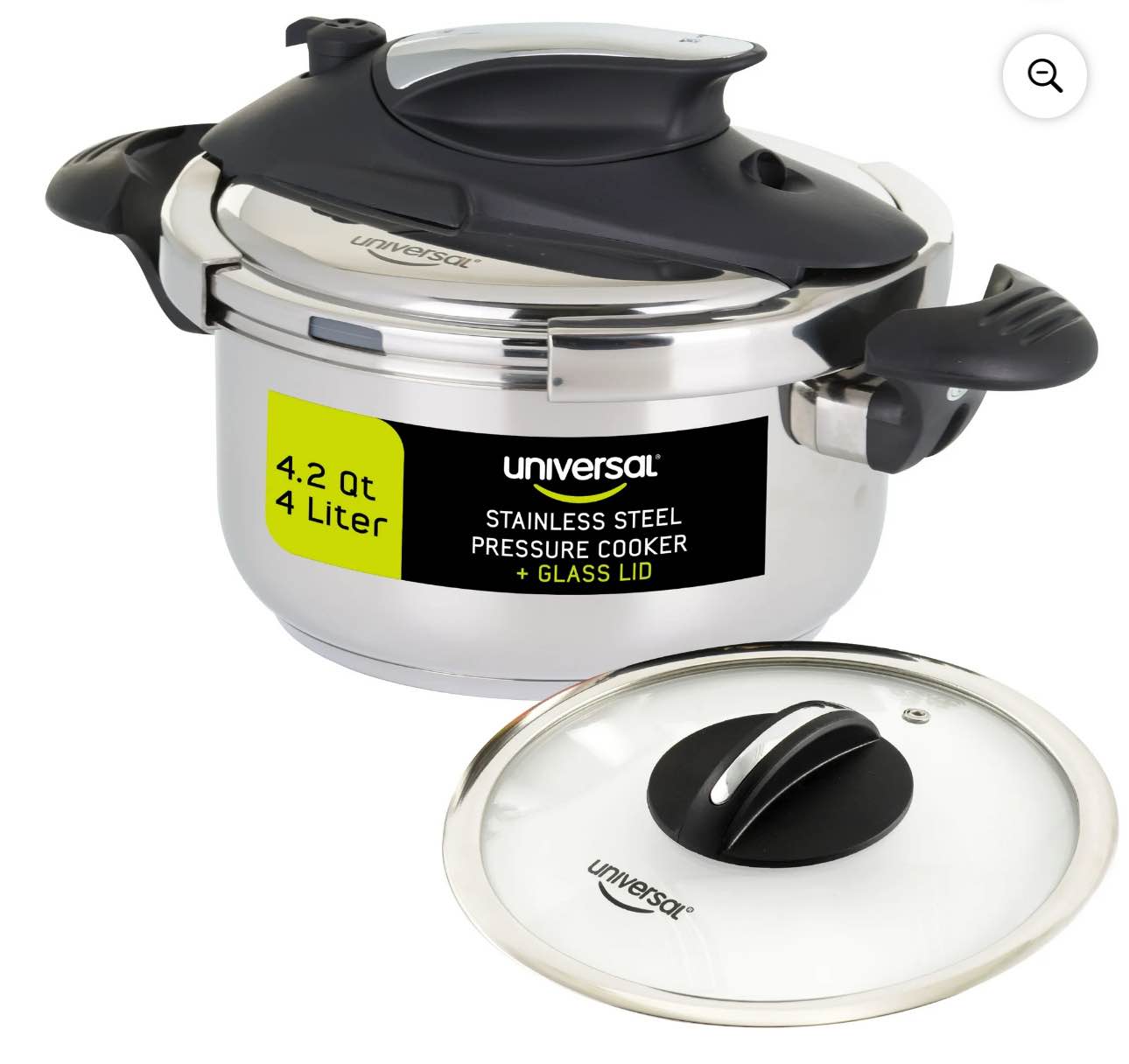 Universal 4.2 Quart / 4 Liter Stainless Steel Easy Use Pressure Cooker + Extra Glass Lid, Induction Compatible, 5 servings