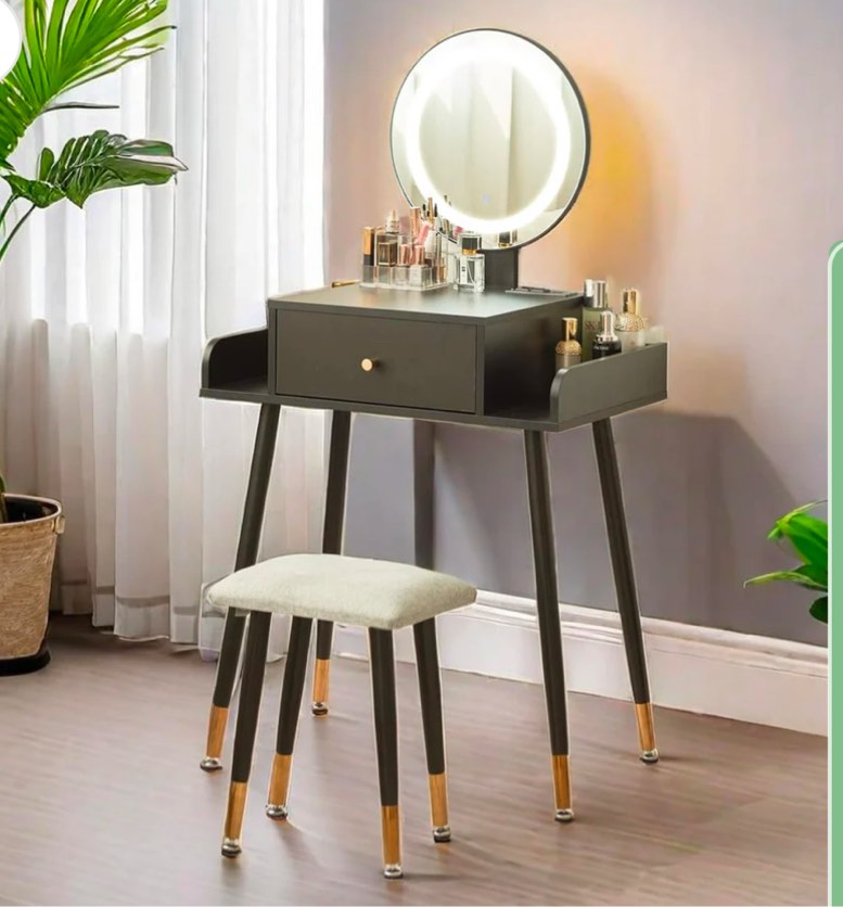 JanflyHome Vanity Desk, Makeup Vanity Desk with Mirror and Lights, 3 Color and Brightness Adjustable, Vanity