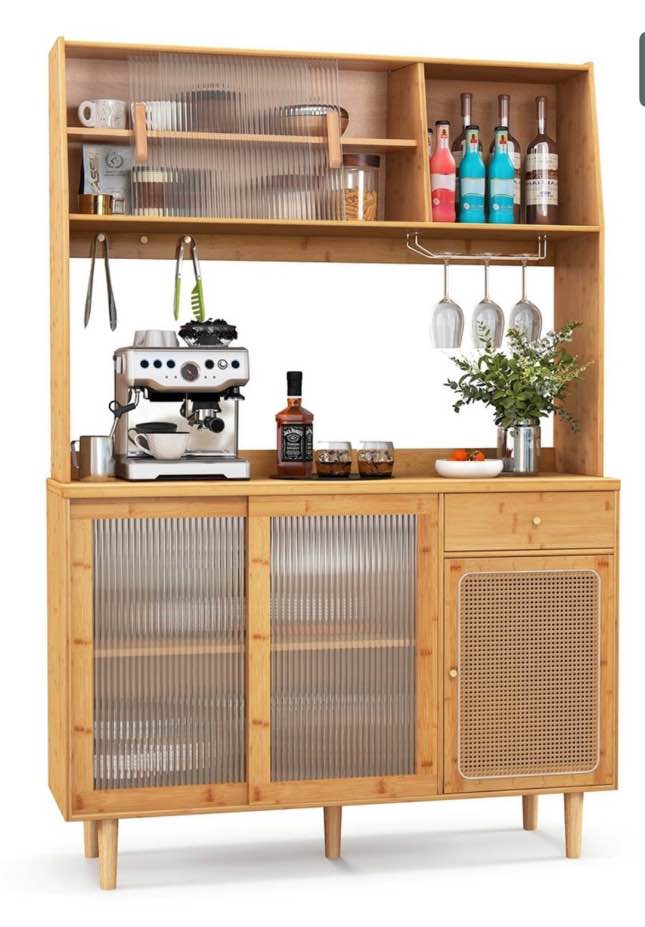 Bamboo Buffet Cabinet Wine Bar Pantry Cupboard Sideboard Sliding Door
