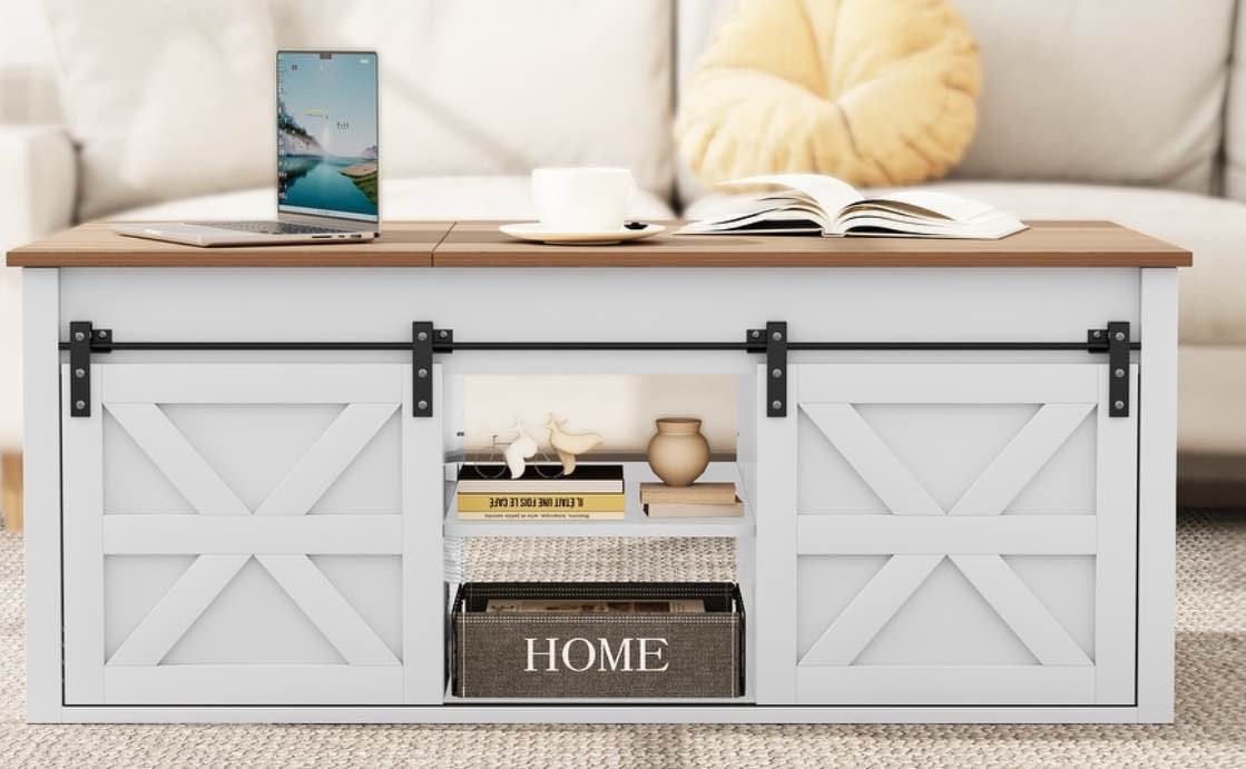 Moasis 48" Farmhouse Lift Top Coffee Table with Sliding Barn Door - 46.4"L x 22.8"W x 18.9"H