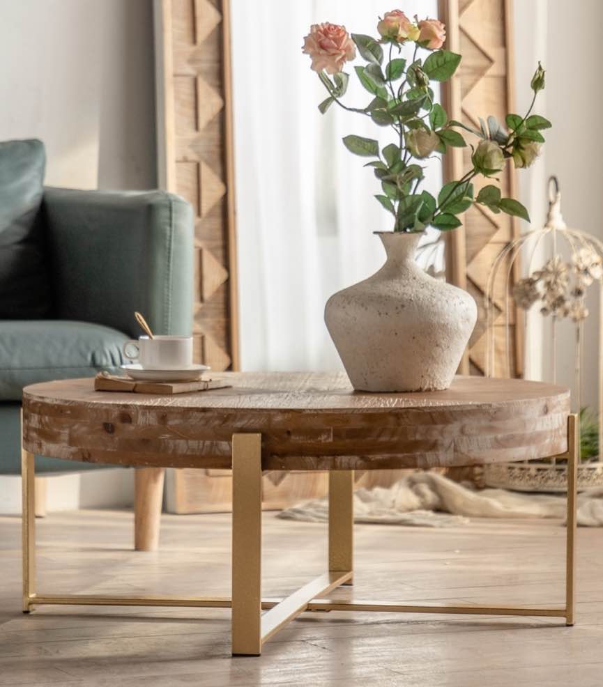 Modern Retro Splicing Round Coffee Table , Fir Wood Table Top with Cross Legs Metal Base