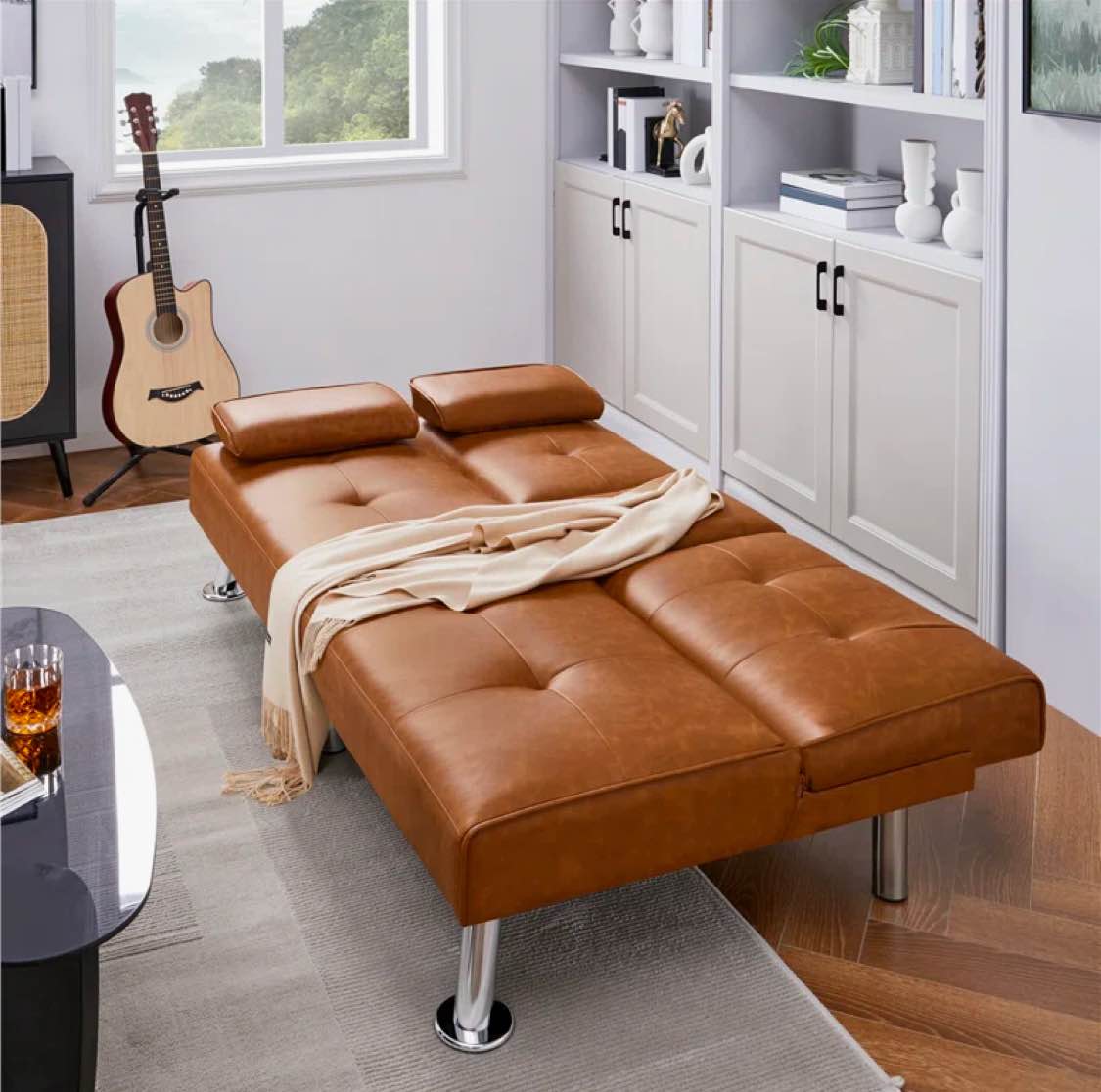 Janni Faux Leather Cushion Back Convertible Sofa with Cup Holder