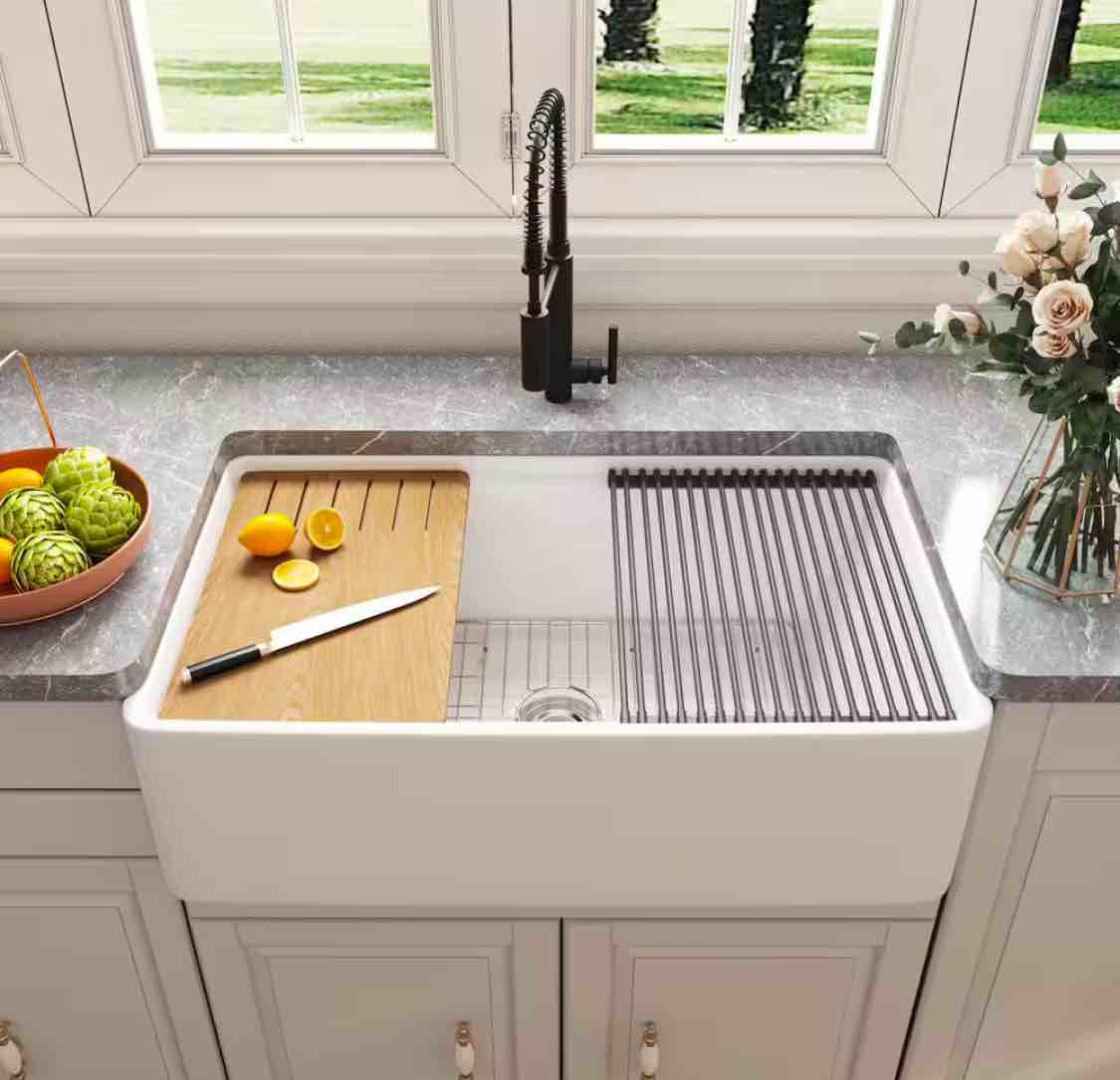 White Fireclay 33 in. Single Bowl Farmhouse Apron Workstation Kitchen Sink, Grate and cutting board not included