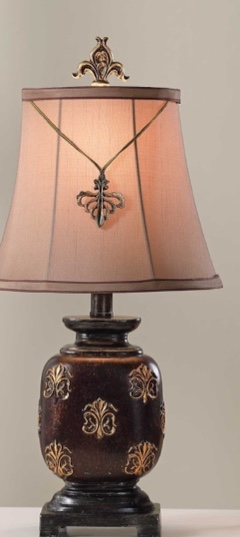 StyleCraft Maximus Bronze Mini Accent Table Lamp With Fleur De Lis Pendant - Beige Fabric Shade
