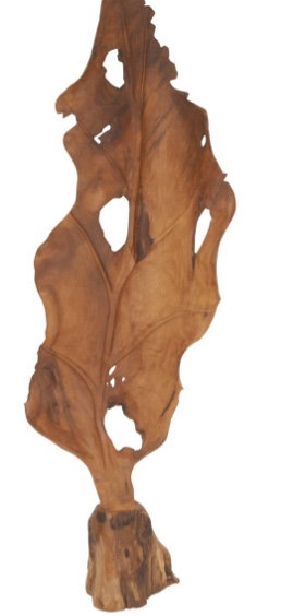 19" x 62" Brown Teak Wood Handmade Live Edge Leaf Sculpture, by DecMode