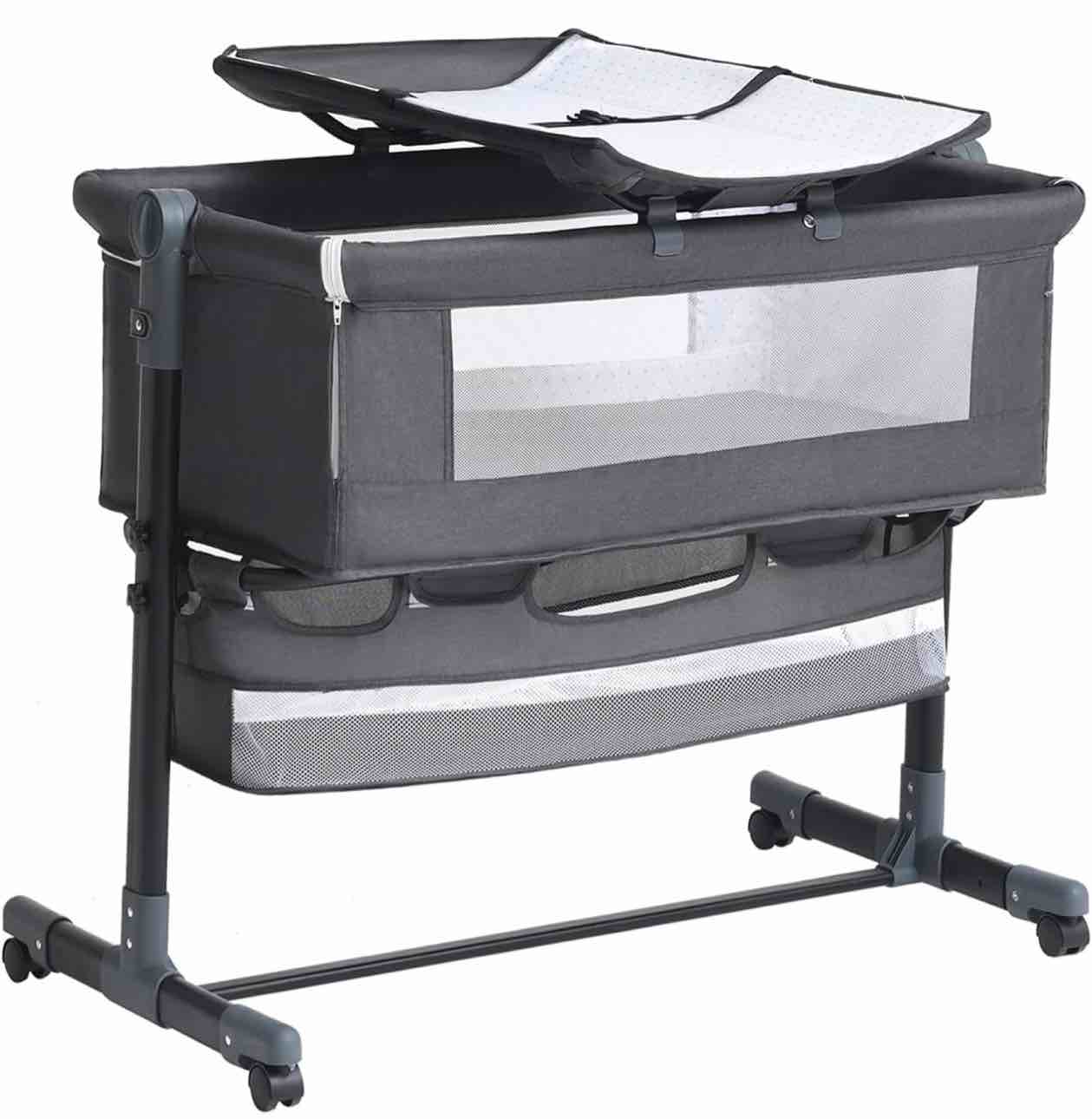 Baby Bassinet, 4 in 1 Bassinet Bedside Sleeper with Mosquito Net?Baby Crib for Newborn, Quick Adjustable Height Bassinet Bedside Crib?Easy to Assemble?Dark Grey?