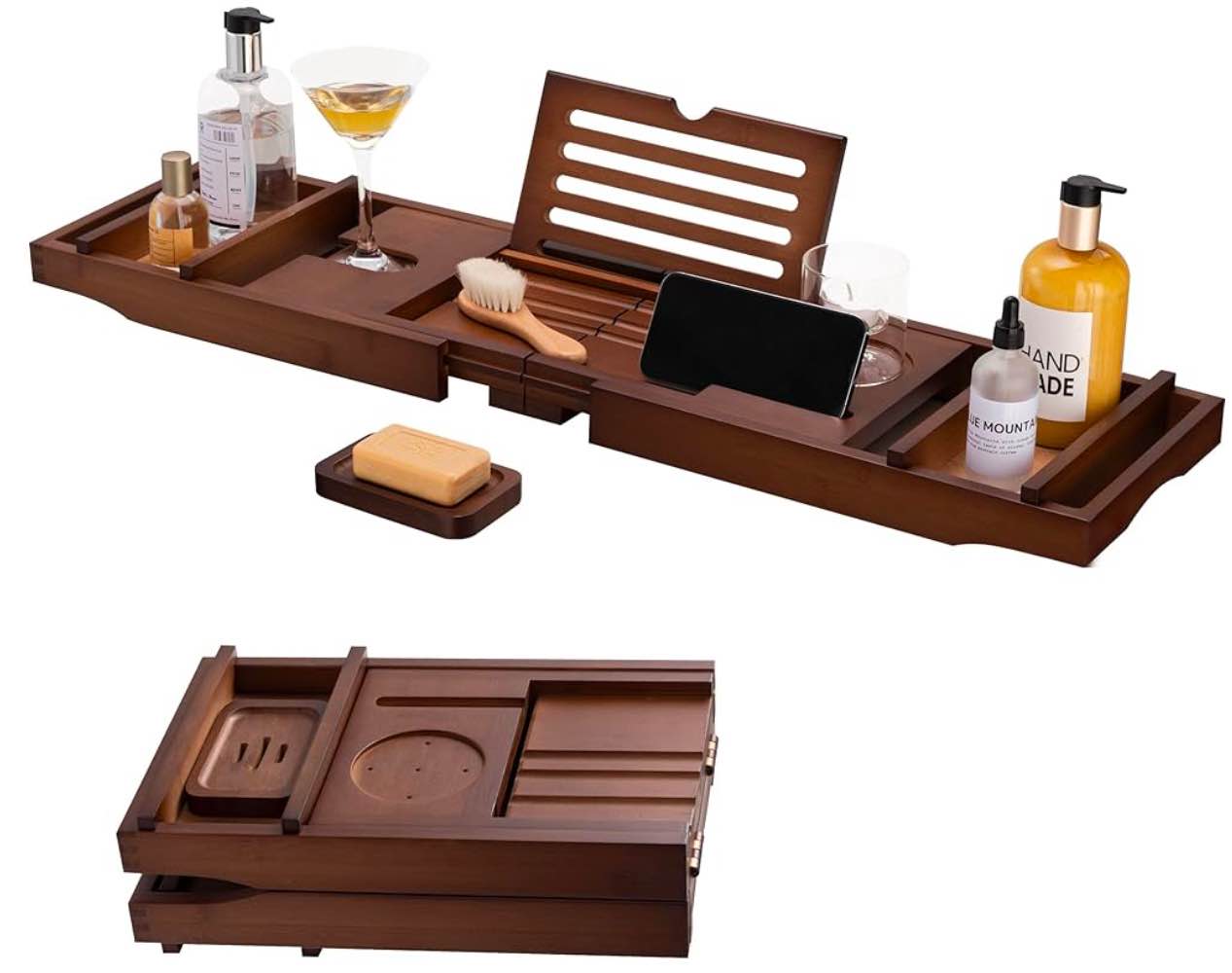 HBlife Foldable Bathtub Caddy Tray with Folding Slide-Out Arms - Expandable Bamboo Bath Table Tray with Book and Wine Glass Holder, Essential Bathroom Accessories for Home Spa