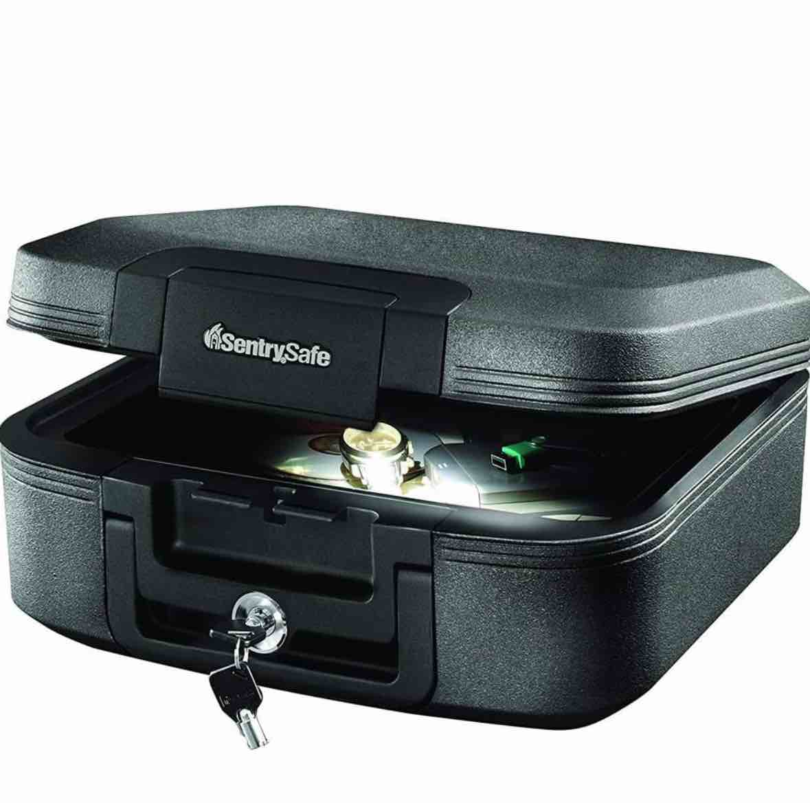 SentrySafe Fireproof and Waterproof Chest Box with Key Lock, Black Travel Safe with Interior Lighting and Carrying Handle, 0.28 Cubic Feet, 6.6 x 15.4 x 14.3 Inches, CHW20205