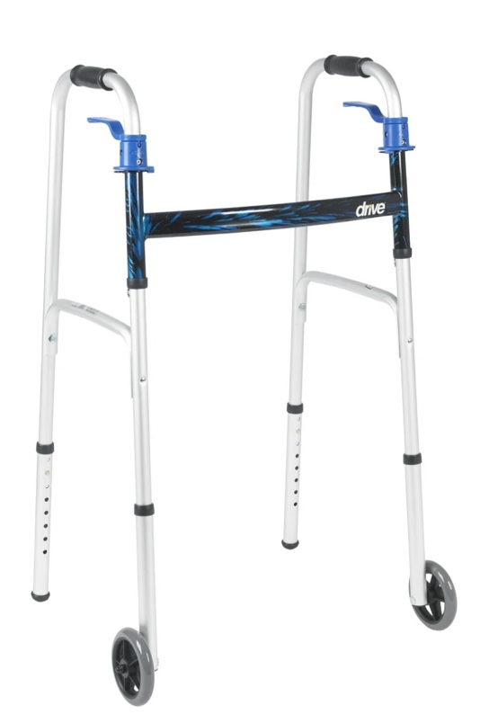 drive Aluminum Flame Blue Dual Trigger Release Folding Walker with Wheels Adjustable Height up to 350 lbs 32 to 39" H