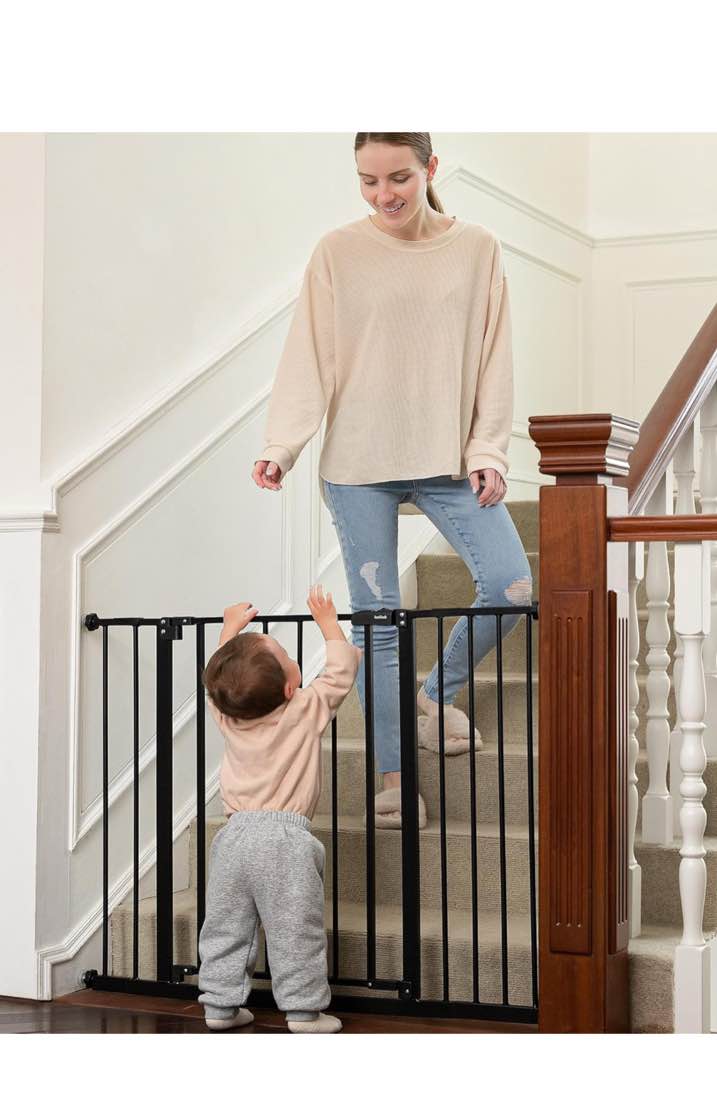 InnoTruth 28.9-42.1" Wide Baby Gate for Stairs, 30" Tall Dog Gates for Doorways Expandable One-Hand Open, Easy Walk Through Dual Lock Metal Pet Gates for Dogs, Black-Family & Mom's Choice Award Winner