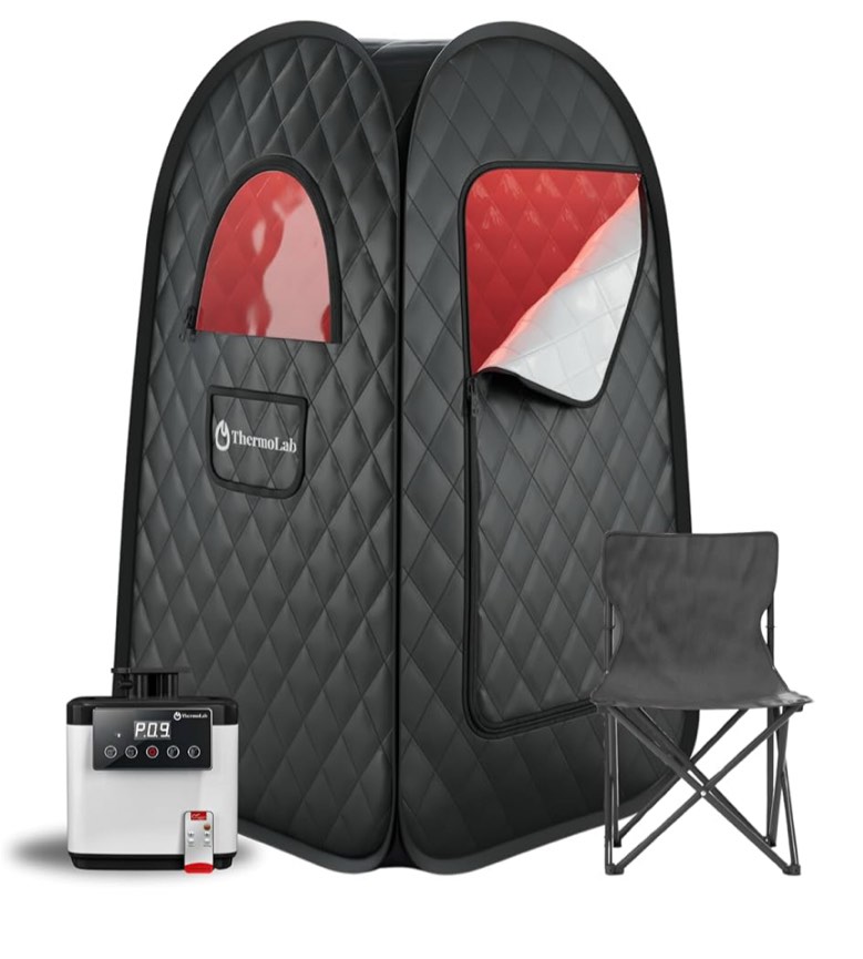 ThermoLab Portable Sauna - Premium Home Sauna Box incl. Steamer, Chair & RGB LED Light - Indoor Sauna Tent for Recovery & Stress Relief - Steam Sauna Compact & Easy-to-Use Solution - New 2024 Model