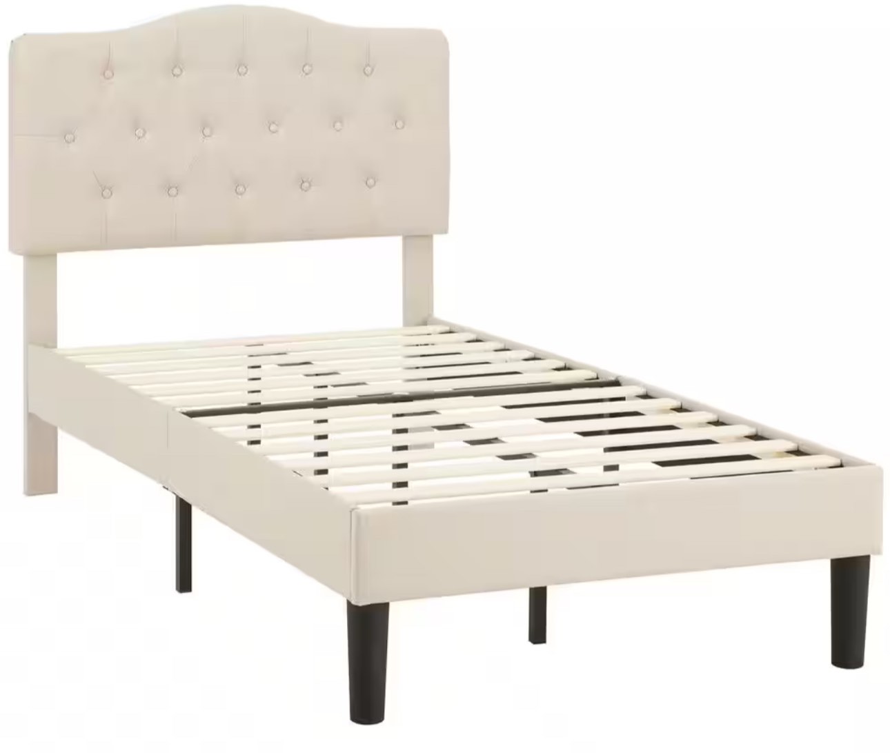 Bed Frame with Button, Beige Wood Frame Slat Support Easy Assembly - Twin Platform Bed Frame With Upholstered Headboard