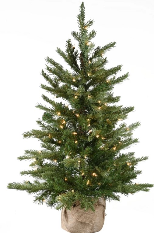 National Tree Company Pre-Lit Feel Real® Artificial Mini Christmas Tree, Green, Nordic Spruce®, Clear Lights, Includes Burlap Bag Base, 3 Feet
