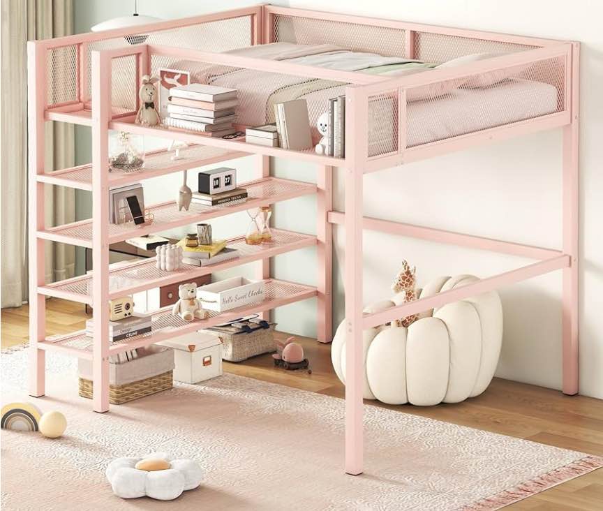 Full Size Metal Loft Bed with 4-Tier Shelves and Storage, Loft Bed with Bookshelf, Loft Bed for Adults, Teens, Kids (Pink, Full), Incomplete Box 2 of 2 only 