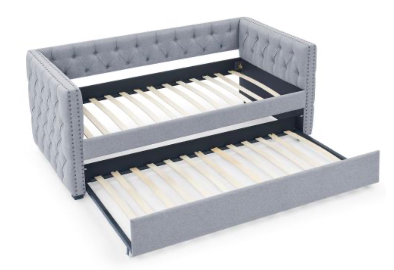 Daybed with Trundle Upholstered Tufted Sofa Bed, with Button and Copper Nail on Square Arms?both Twin Size, Grey?85“x42.5”x31.5“?