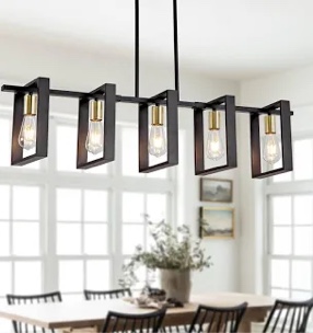 Farmhouse Kitchen Island Lighting Black Dining Room Lights Ceiling Hanging Rustic 5 Lights Wood Chandelier Light fixtures 41.3" Height Adjustable