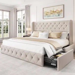 King Size headboard Tufted Linen Upholstered , Beige