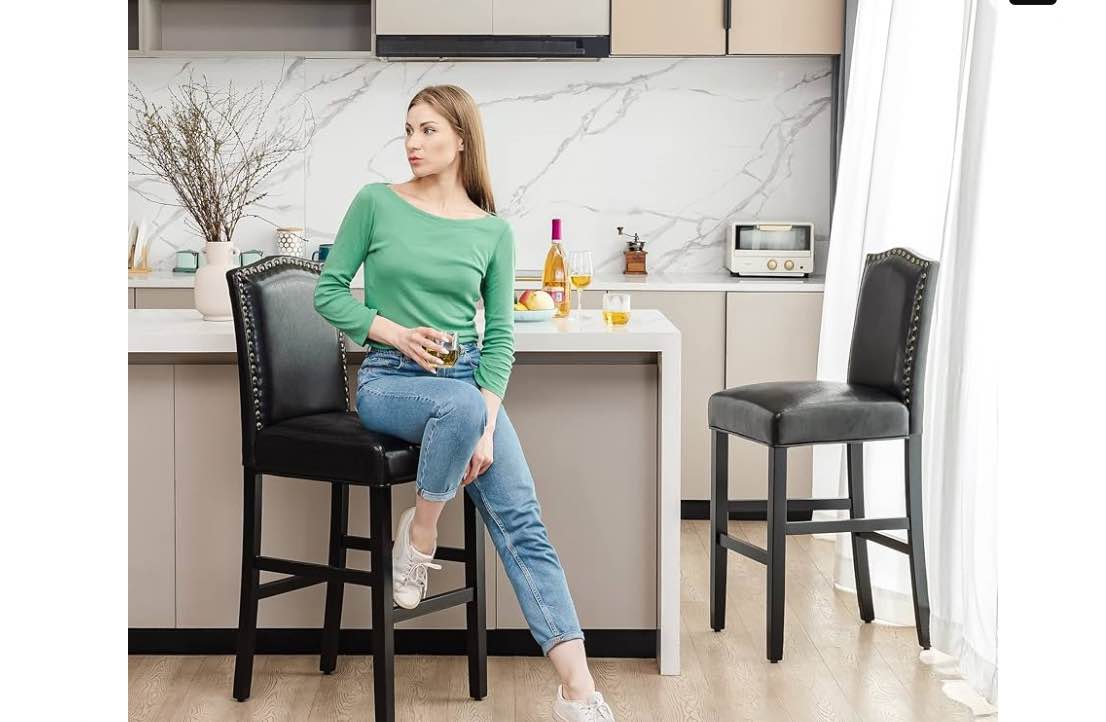 glitzhome Bar Stools Set of 2, 28.5" H Black Bonded Leather Armless Barchair with High-back Studded Solid Rubberwood Legs for Kitchen Island Breakfast Chair for Dining Room, Party Room & Restaurant