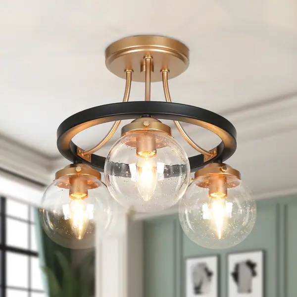 Modern Farmhouse 3-Light Black Gold Semi-Flush Mount Glass Ceiling Light - 14.5" D x 12" H
