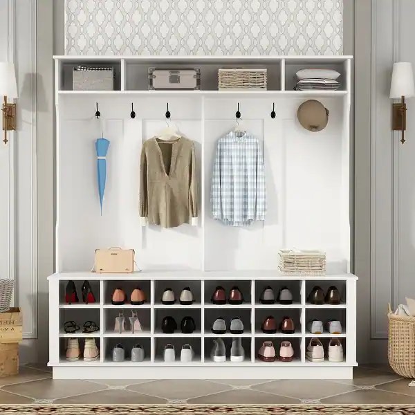 Large Hall Tree for Entryway Coat Rack Shoe Bench with Bottom Storage