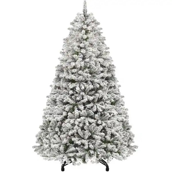 Snow Flocked Artificial Full 6/7.5/9ft Christmas Pine Tree with 8 Light-Modes, 800 Branch Tips, and Foldable Base for Home