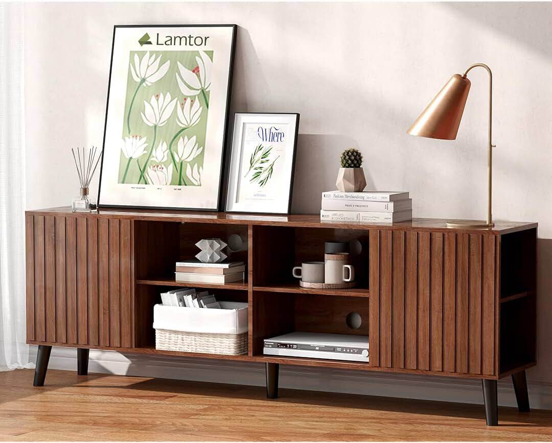 Mid Century Modern TV Stand for 80+ Inch TVs, 94.48" Walnut Console with Ample Storage - Stylish Entertainment Center for Living Room or Bedroom