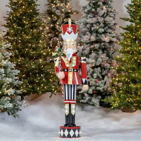 60" Large Iron Christmas Nutcracker "Harry" with Candy Cane & LED Lights
