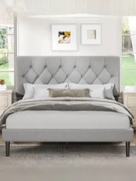 Queen Size Platform Bed Frame with Upholstered Headboard, Button Tufted Design, No Box Spring Needed, Light Grey