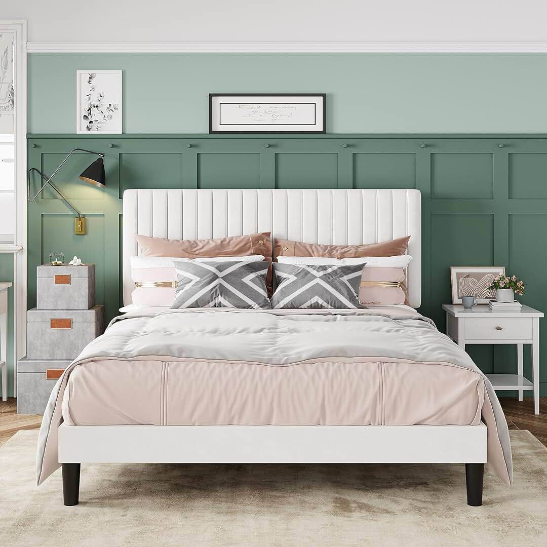 Allewie Queen Bed Frame, Velvet Upholstered Platform Bed with Adjustable Vertical Channel Tufted Headboard, Mattress Foundation with Strong Wooden Slats, Box Spring Optional, Easy Assembly, Off-White