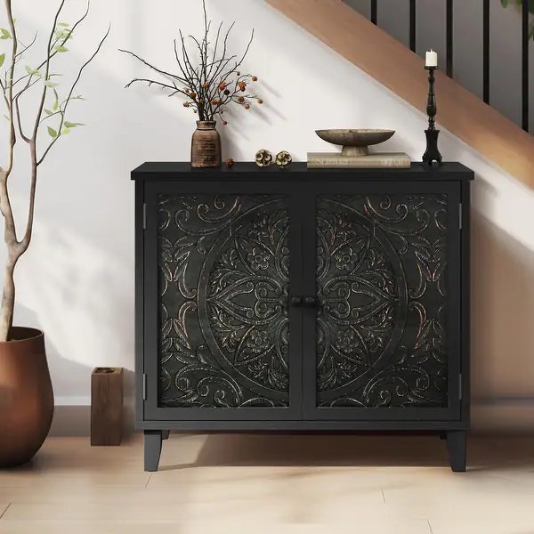 Moasis Black Carved Storage Cabinet with Adjustable Shelves